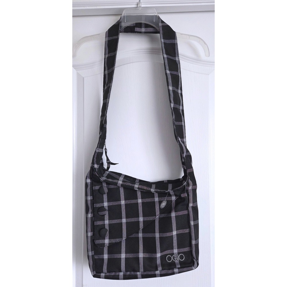 OGIO Black White Grid Plaid Messenger Crossbody Bag Tablet Sleeve Chevron Lining